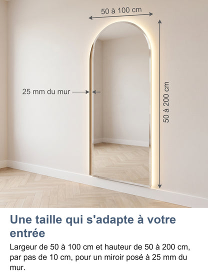 Schéma de dimensions du miroir cintré : largeur, hauteur et distance au mur