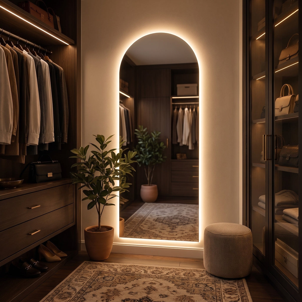 Miroir mural LED cintré allumé, contour lumineux continu sur fond mur clair