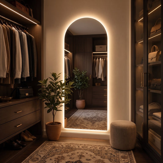 Miroir mural LED cintré allumé, contour lumineux continu sur fond mur clair