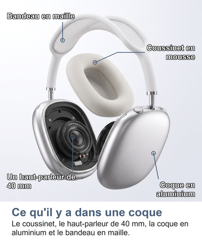 Ce qu'il y a dans une coque. Le coussinet, le haut-parleur de 40 mm, la coque en aluminium et le bandeau en maille.
