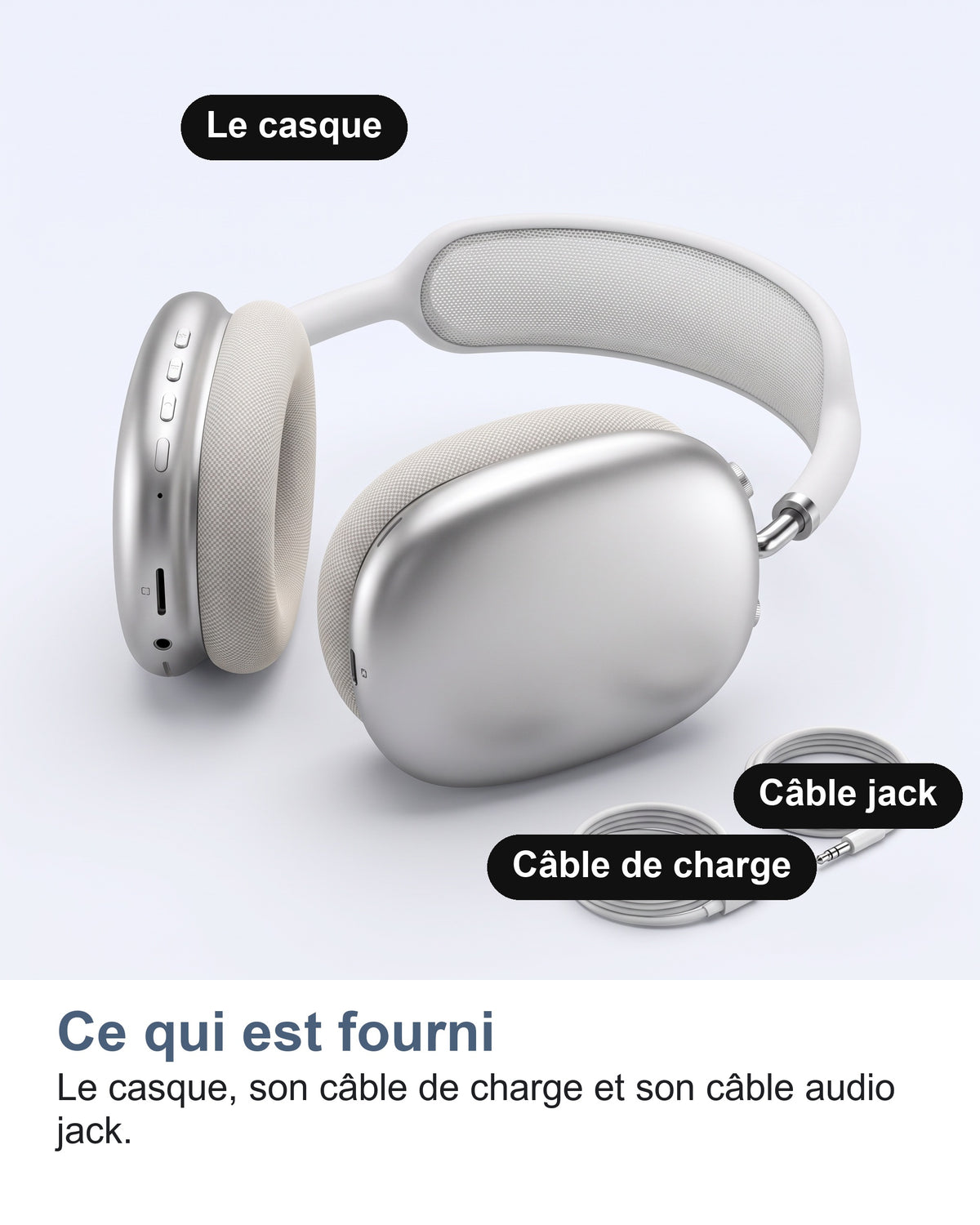 Ce qui est fourni. Le casque, son câble de charge et son câble audio jack.