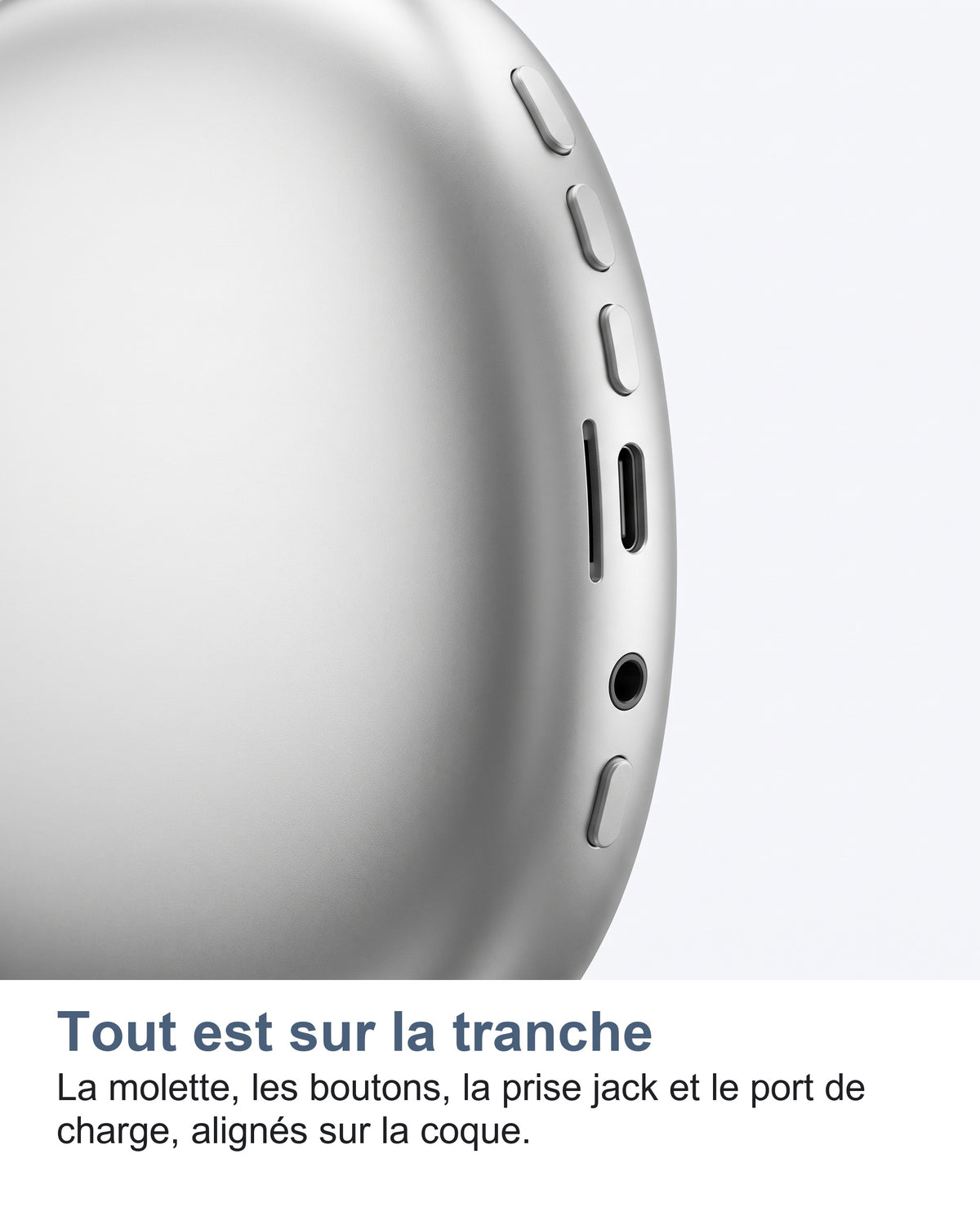 Tout est sur la tranche. La molette, les boutons, la prise jack et le port de charge, alignés sur la coque.