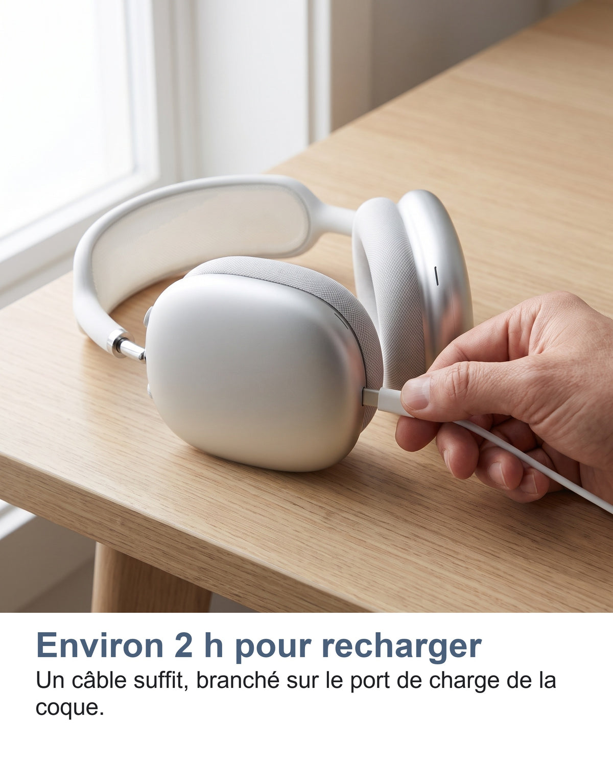 Environ 2 h pour recharger. Un câble suffit, branché sur le port de charge de la coque.