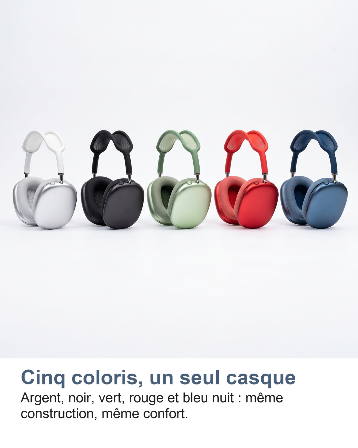 Cinq coloris, un seul casque. Argent, noir, vert, rouge et bleu nuit : même construction, même confort.