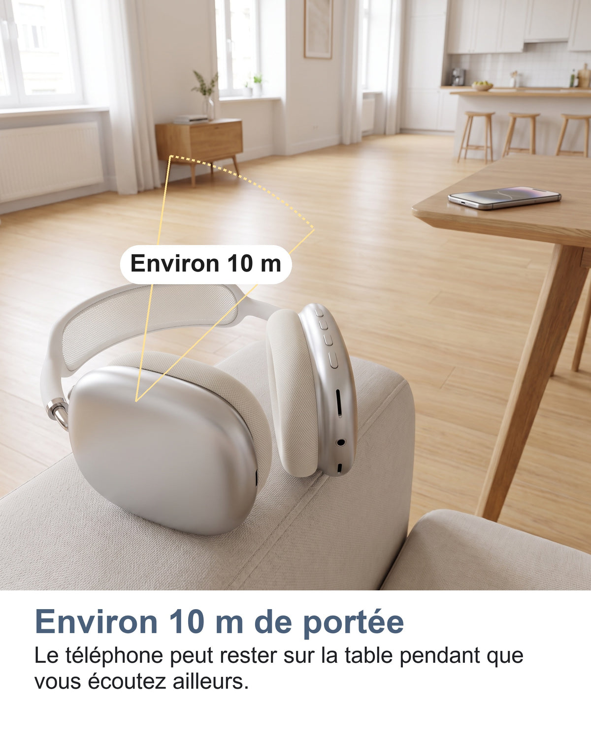 Environ 10 m de portée. Le téléphone peut rester sur la table pendant que vous écoutez ailleurs.