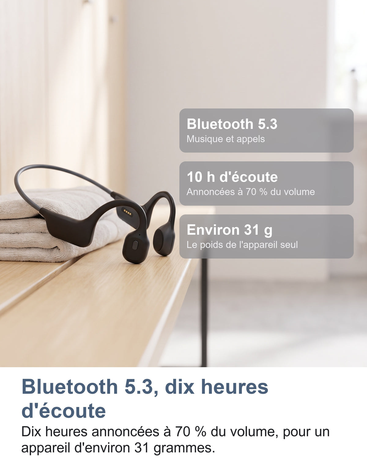 Bluetooth 5.3, dix heures d'écoute. Dix heures annoncées à 70 % du volume, pour un appareil d'environ 31 grammes.