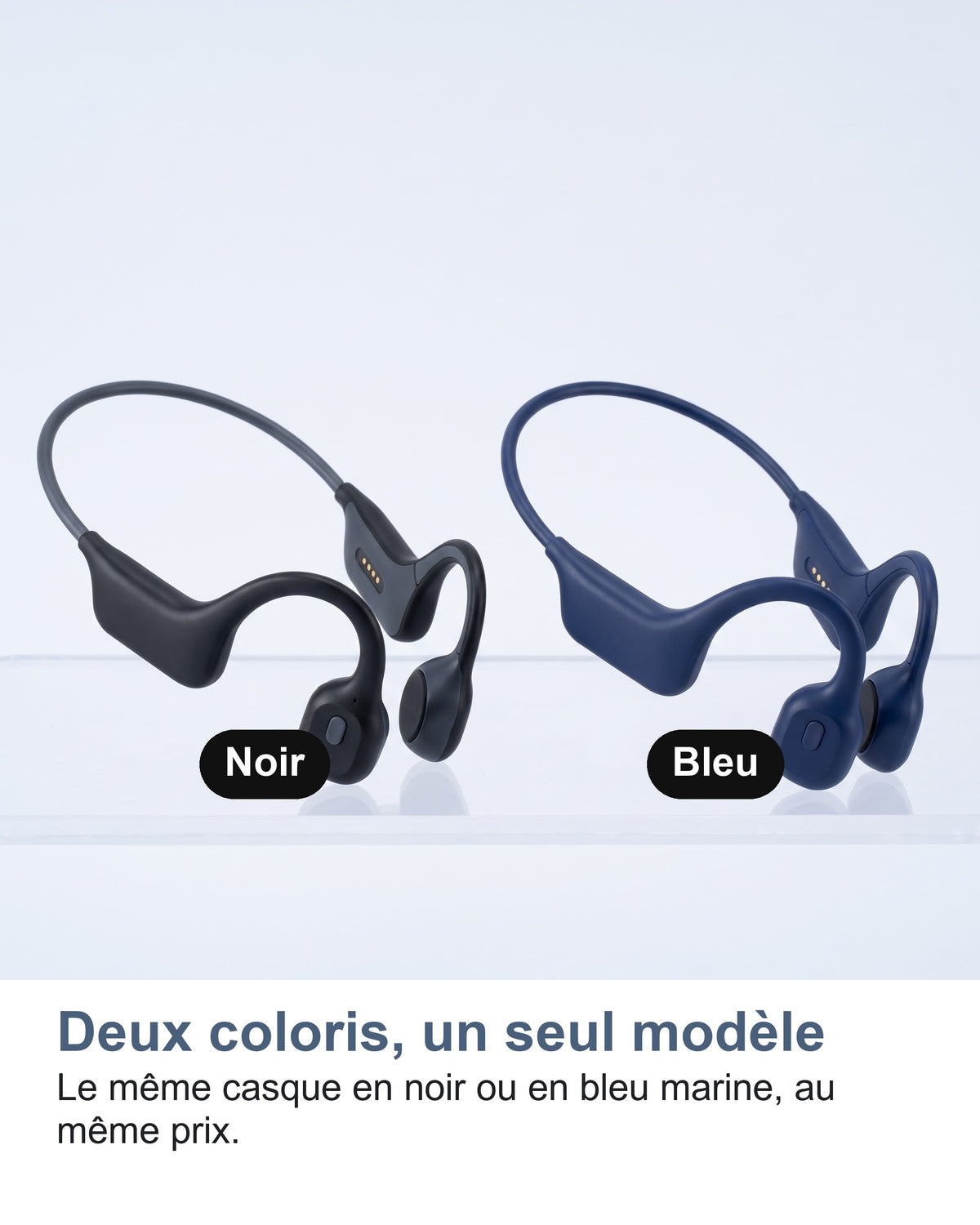 Deux coloris, un seul modèle. Le même casque en noir ou en bleu marine, au même prix.
