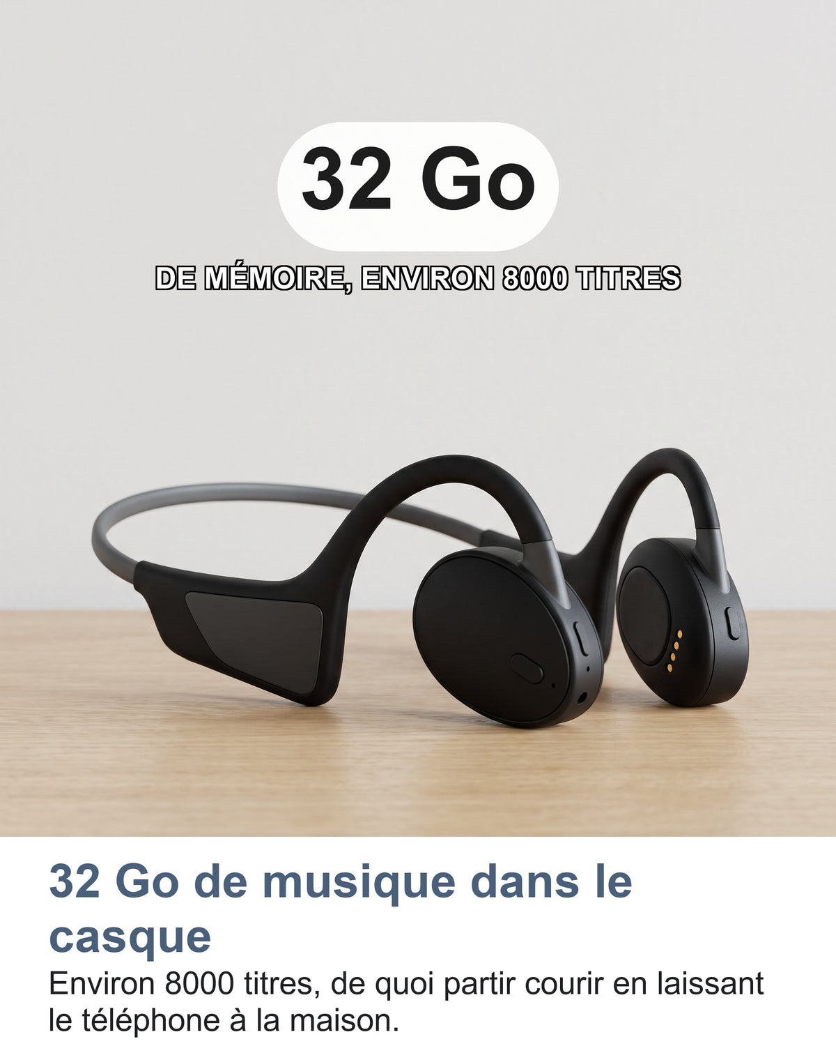 32 Go de musique dans le casque. Environ 8000 titres, de quoi partir courir en laissant le téléphone à la maison.