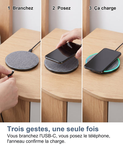Trois gestes, une seule fois Vous branchez l'USB-C, vous posez le téléphone, l'anneau confirme la charge.