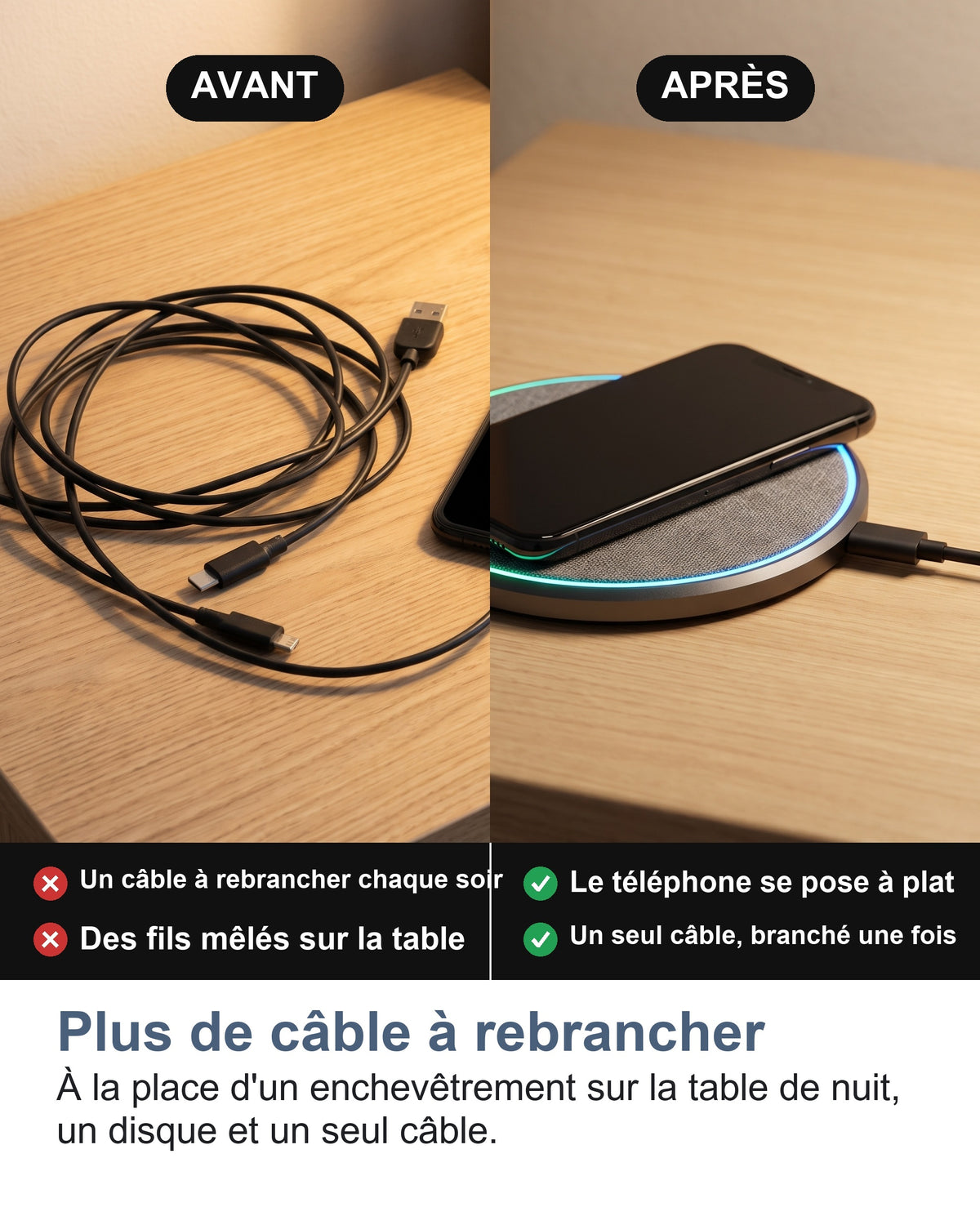Plus de câble à rebrancher À la place d'un enchevêtrement sur la table de nuit, un disque et un seul câble.