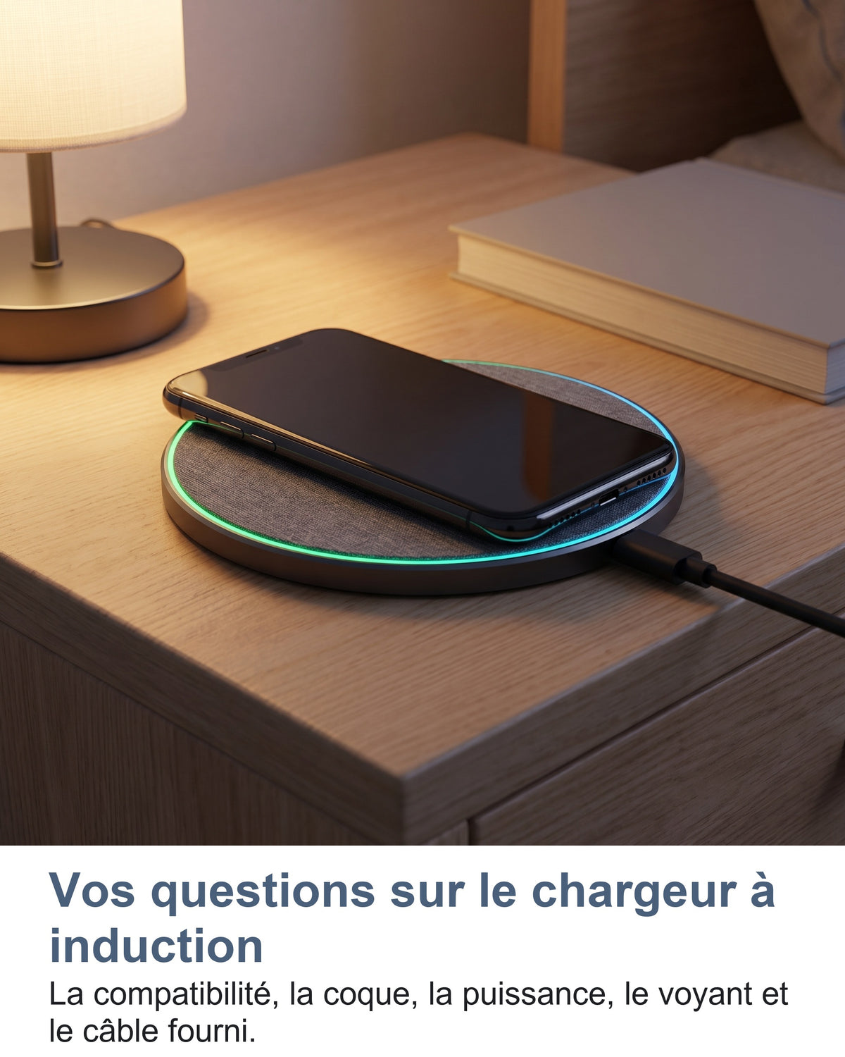 Vos questions sur le chargeur à induction La compatibilité, la coque, la puissance, le voyant et le câble fourni.