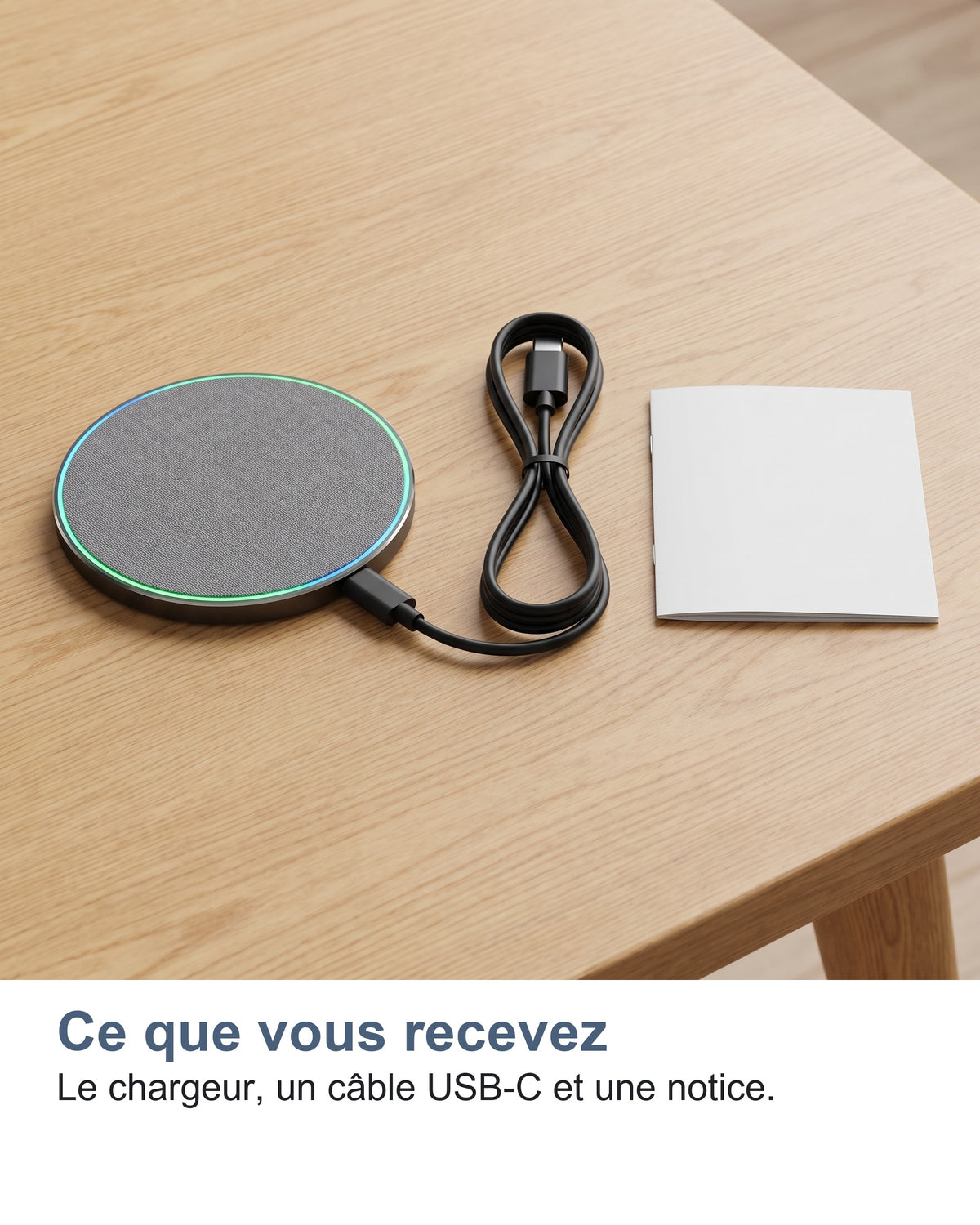 Ce que vous recevez Le chargeur, un câble USB-C et une notice.