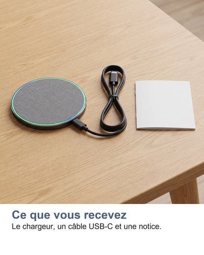 Ce que vous recevez Le chargeur, un câble USB-C et une notice.