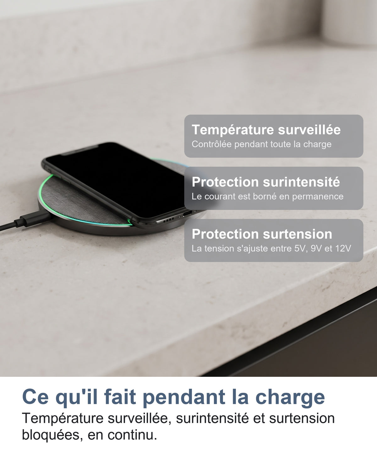 Ce qu'il fait pendant la charge Température surveillée, surintensité et surtension bloquées, en continu.