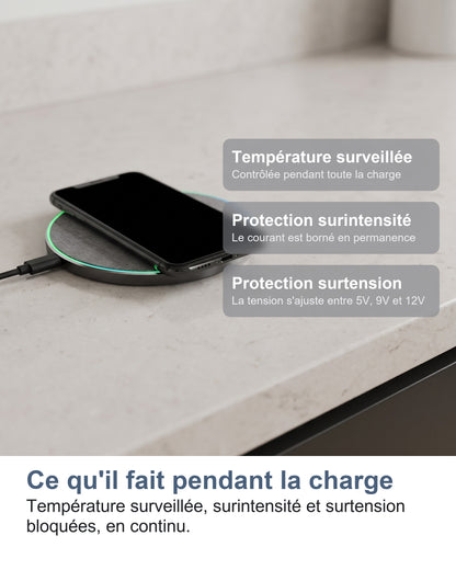 Ce qu'il fait pendant la charge Température surveillée, surintensité et surtension bloquées, en continu.
