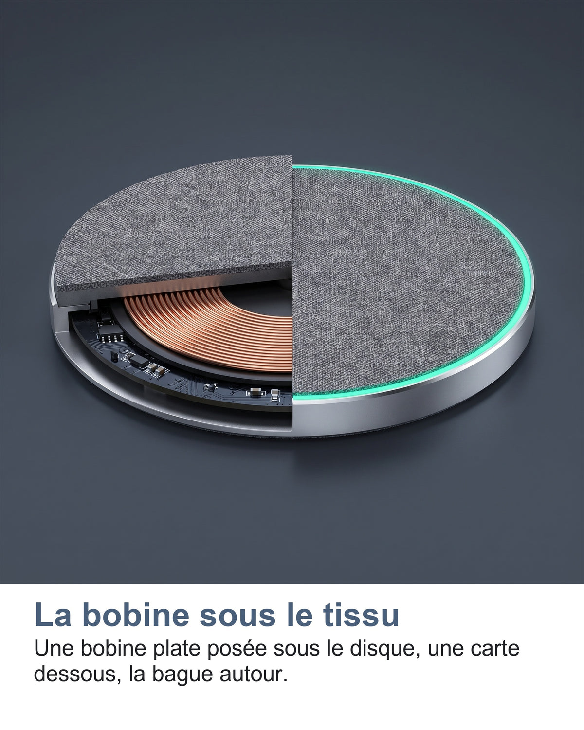 La bobine sous le tissu Une bobine plate posée sous le disque, une carte dessous, la bague autour.