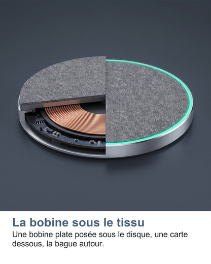 La bobine sous le tissu Une bobine plate posée sous le disque, une carte dessous, la bague autour.