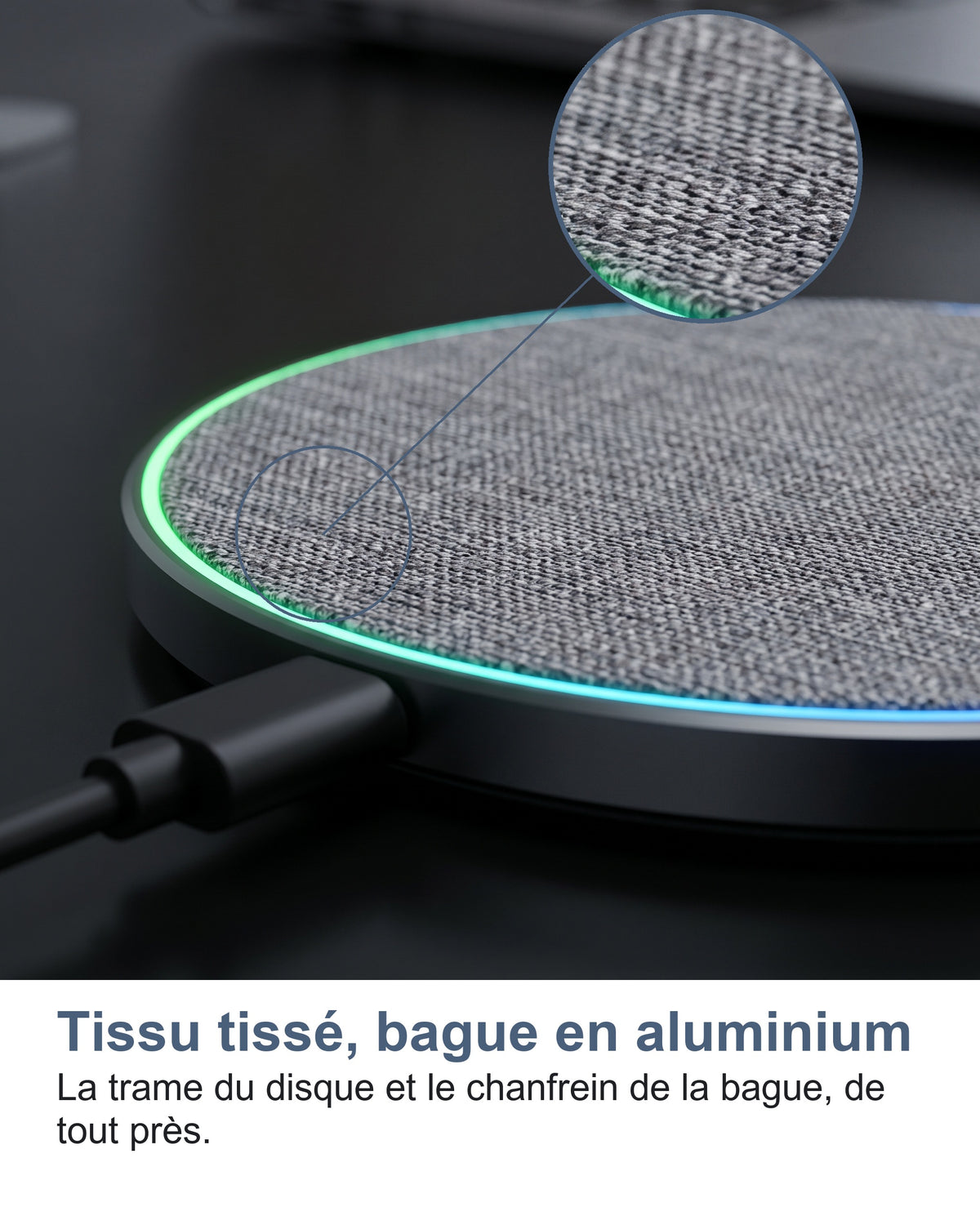 Tissu tissé, bague en aluminium La trame du disque et le chanfrein de la bague, de tout près.