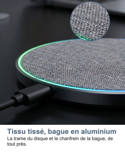 Tissu tissé, bague en aluminium La trame du disque et le chanfrein de la bague, de tout près.