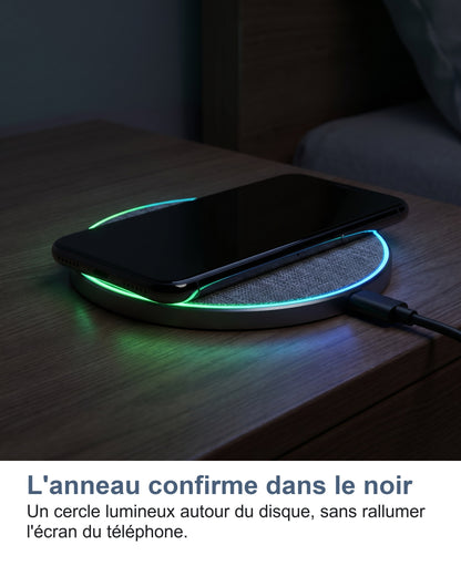 L'anneau confirme dans le noir Un cercle lumineux autour du disque, sans rallumer l'écran du téléphone.