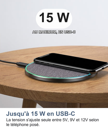 Jusqu'à 15 W en USB-C La tension s'ajuste seule entre 5V, 9V et 12V selon le téléphone posé.