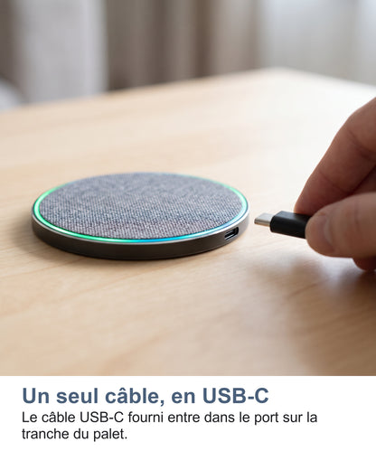 Un seul câble, en USB-C Le câble USB-C fourni entre dans le port sur la tranche du palet.