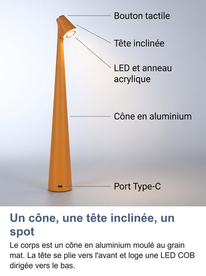 Anatomie de la lampe : bouton tactile, tête inclinée, LED et anneau acrylique, cône en aluminium, port Type-C