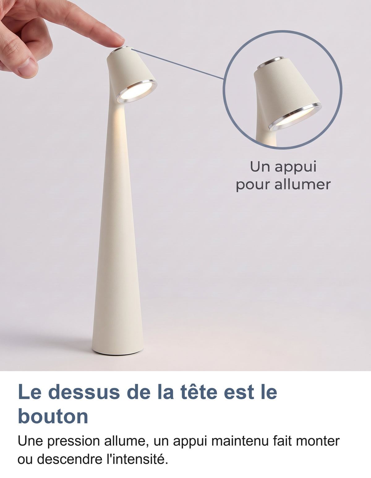 Doigt sur la pastille tactile au sommet de la tête, zoom sur le bouton