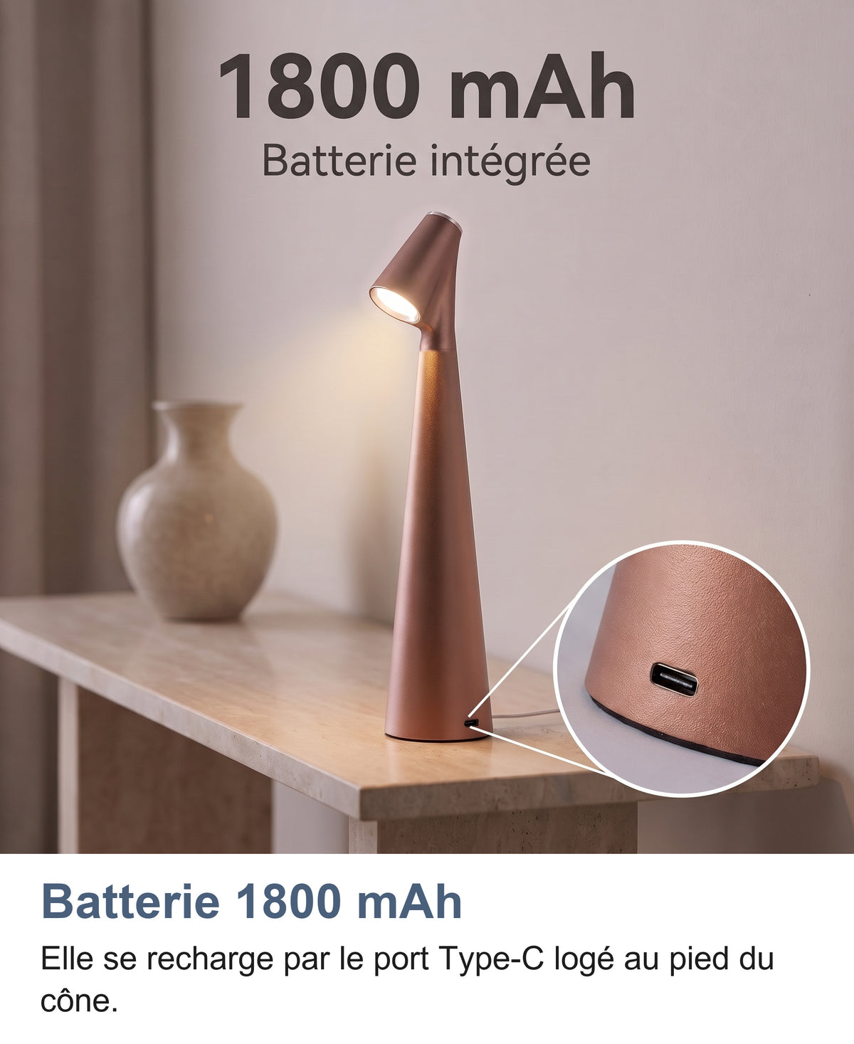 Batterie intégrée de 1800 mAh, zoom sur le port Type-C en bas du cône