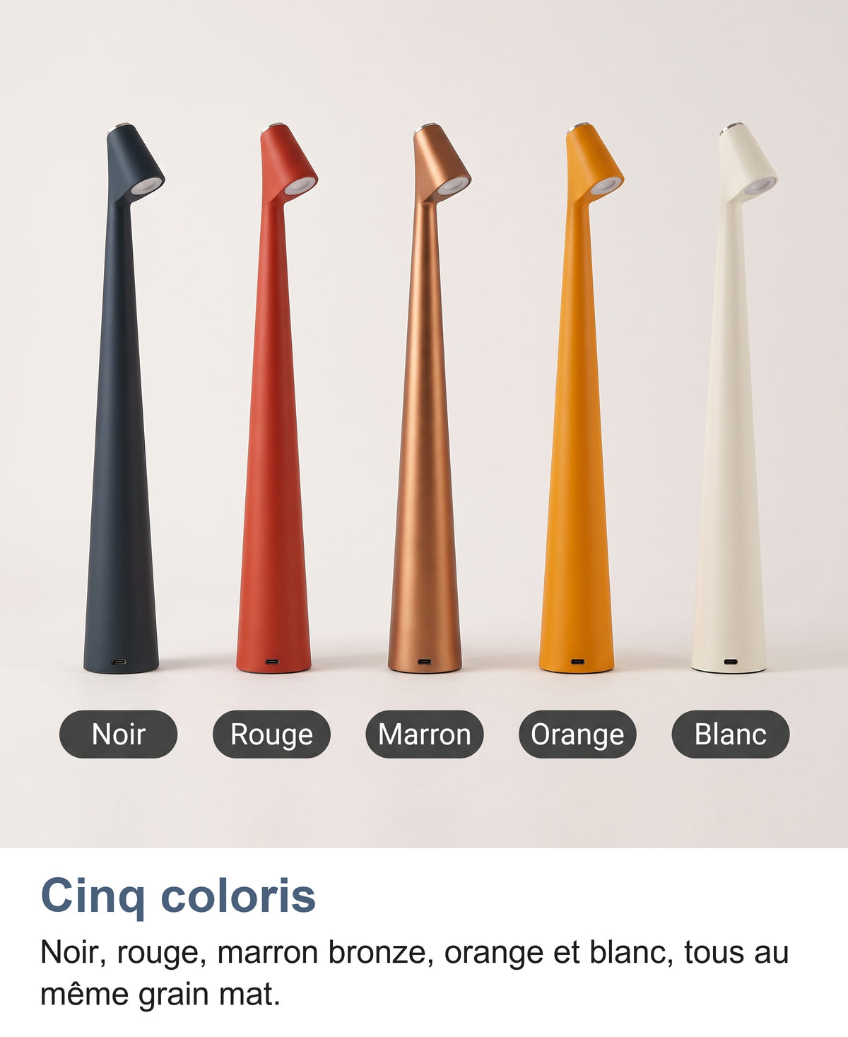Les cinq coloris : noir, rouge, marron, orange et blanc