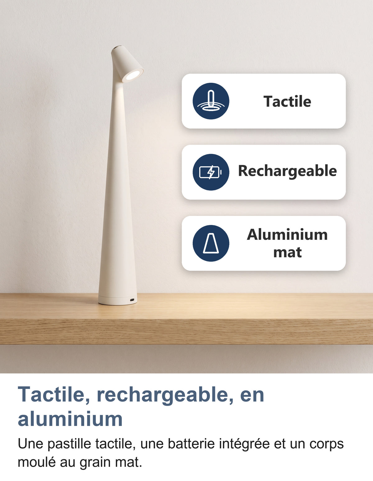 Lampe blanche sur une étagère : tactile, rechargeable, aluminium mat