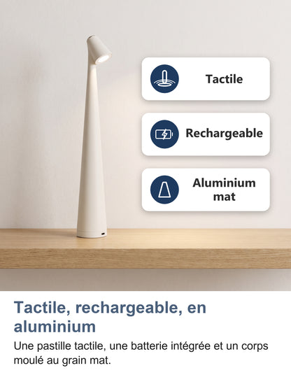 Lampe blanche sur une étagère : tactile, rechargeable, aluminium mat