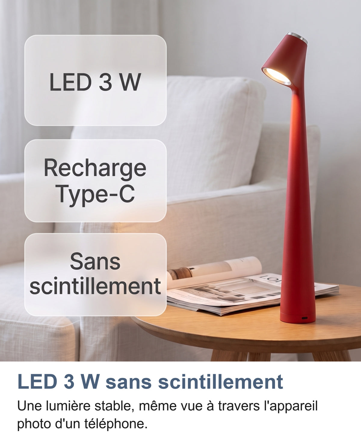 Lampe rouge dans un coin lecture : LED 3 W, recharge Type-C, sans scintillement