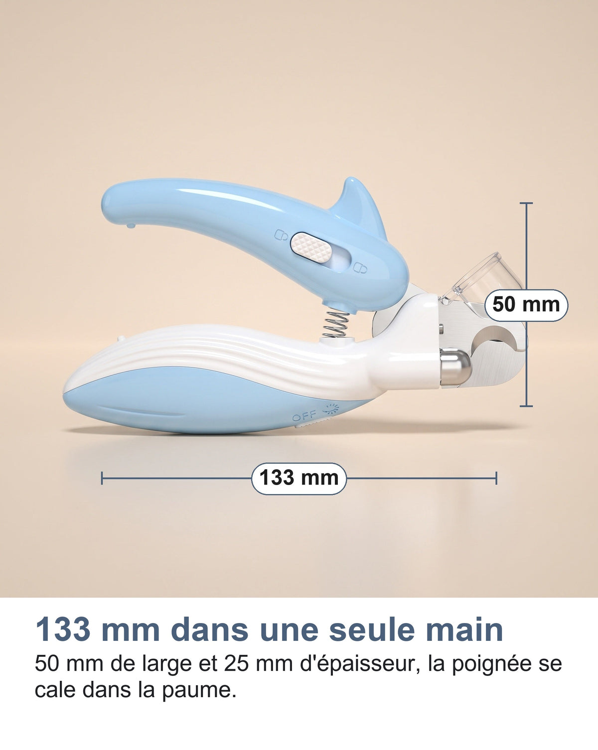Dimensions du coupe-griffes LED : 133 mm sur 50 mm