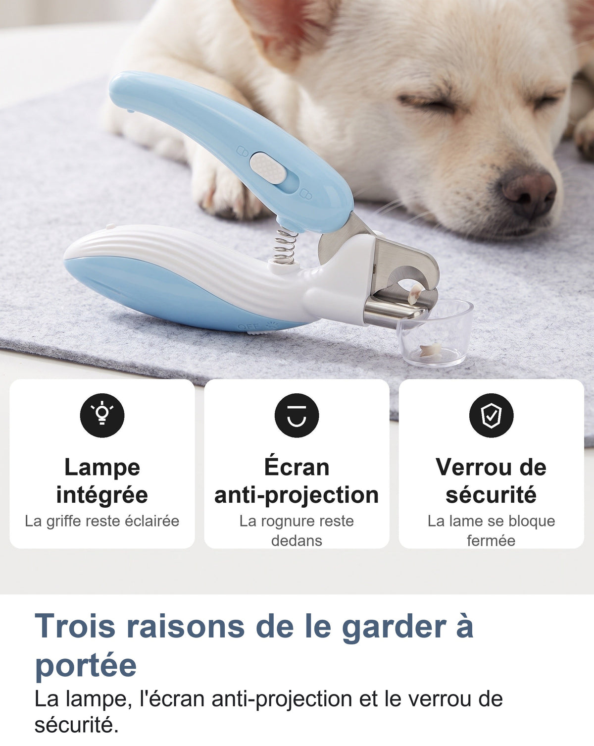 Lampe intégrée, écran anti-projection et verrou de sécurité