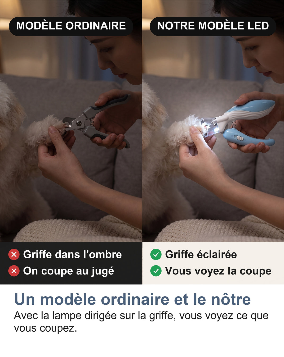 Un coupe-griffes ordinaire et notre modèle LED Avec la lampe dirigée sur la griffe, vous voyez ce que vous coupez.