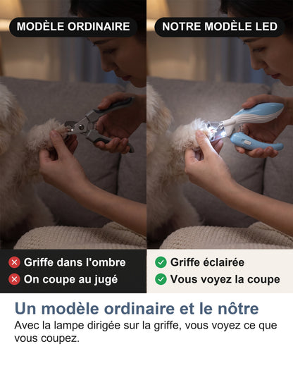 Un coupe-griffes ordinaire et notre modèle LED Avec la lampe dirigée sur la griffe, vous voyez ce que vous coupez.