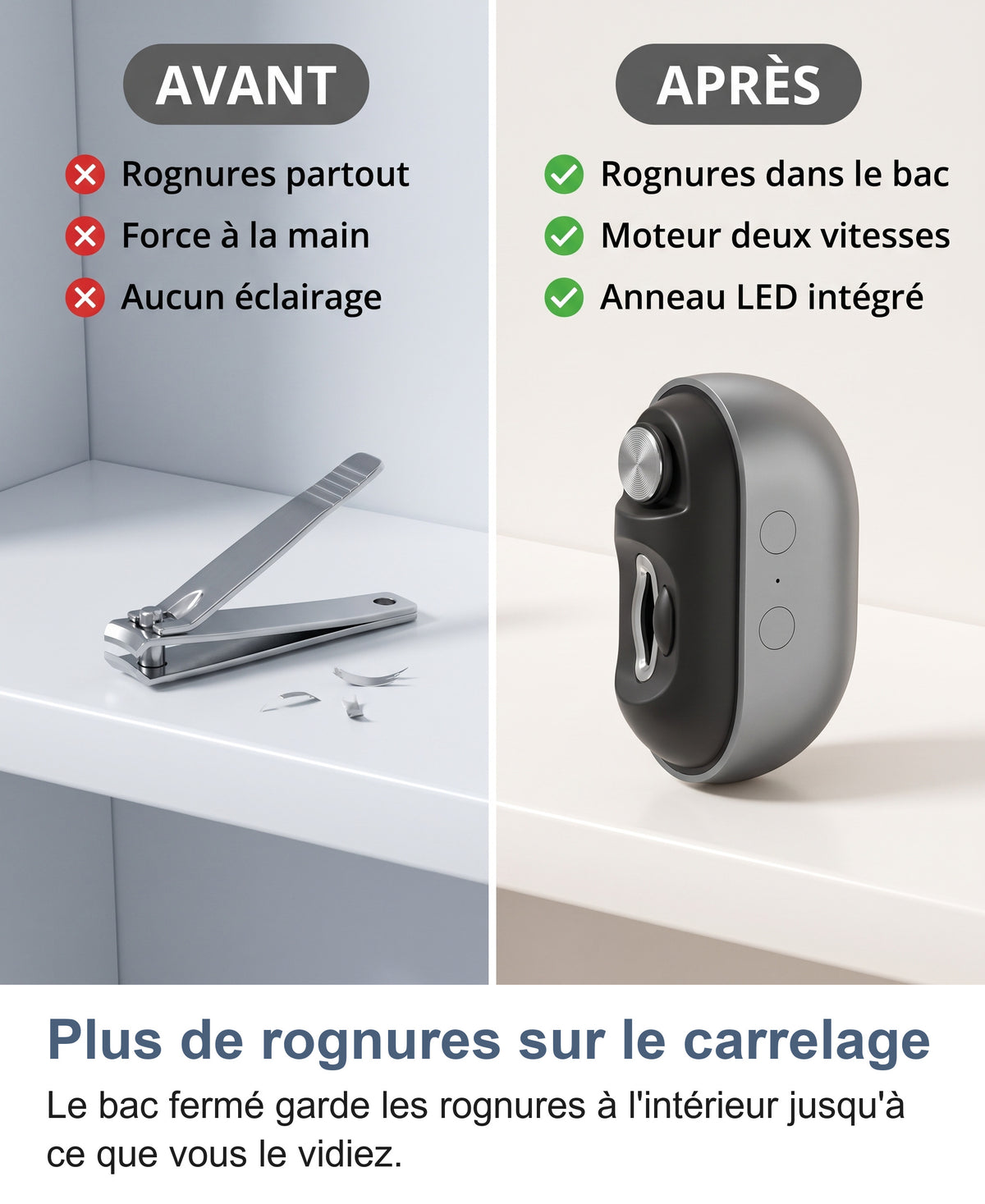 Coupe-ongles manuel et rognures sur la tablette comparés au bac fermé de l'appareil