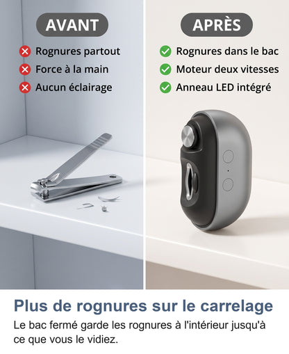 Coupe-ongles manuel et rognures sur la tablette comparés au bac fermé de l'appareil