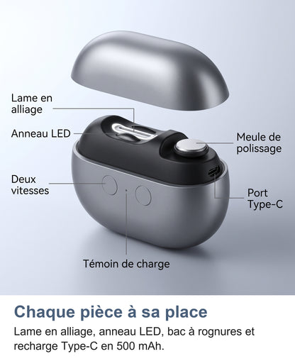 Les pièces du coupe-ongles électrique: lame en alliage, anneau LED, deux boutons, témoin de charge, bac et port Type-C