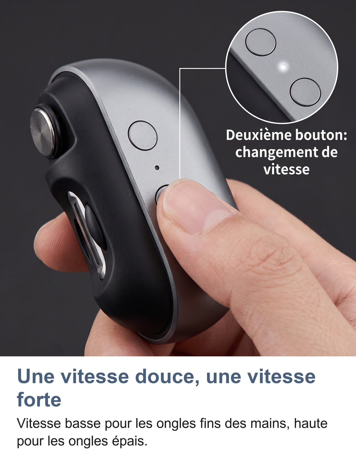 Macro des deux boutons du coupe-ongles avec un zoom sur le bouton de vitesse