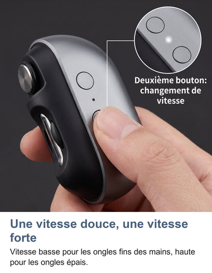 Macro des deux boutons du coupe-ongles avec un zoom sur le bouton de vitesse