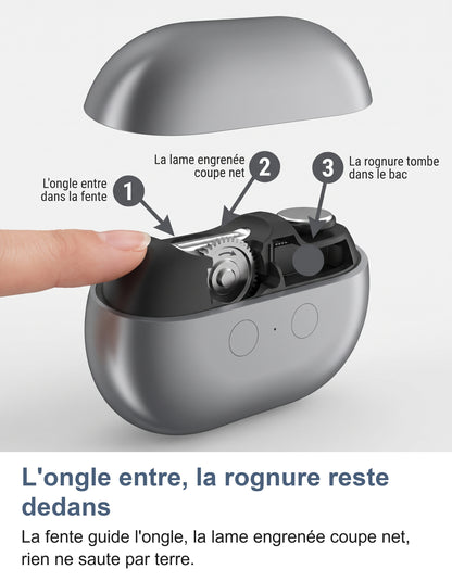 Vue en coupe de la tête du coupe-ongles: l'ongle entre dans la fente, la lame engrenée coupe et la rognure tombe dans le bac