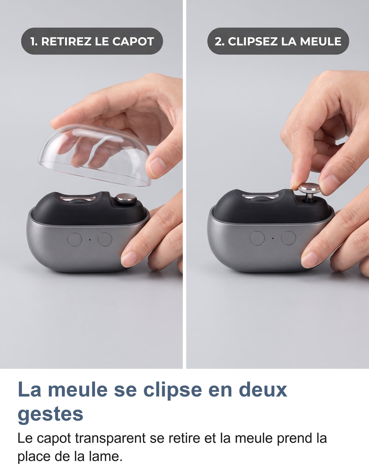Retirer le capot transparent puis clipser la meule de polissage