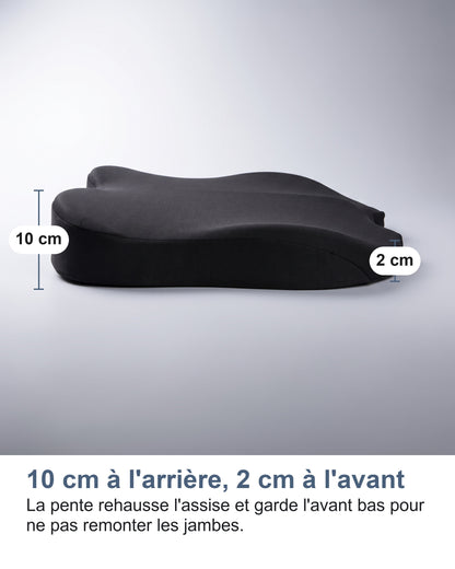 10 cm à l'arrière, 2 cm à l'avant La pente rehausse l'assise et garde l'avant bas pour ne pas remonter les jambes.