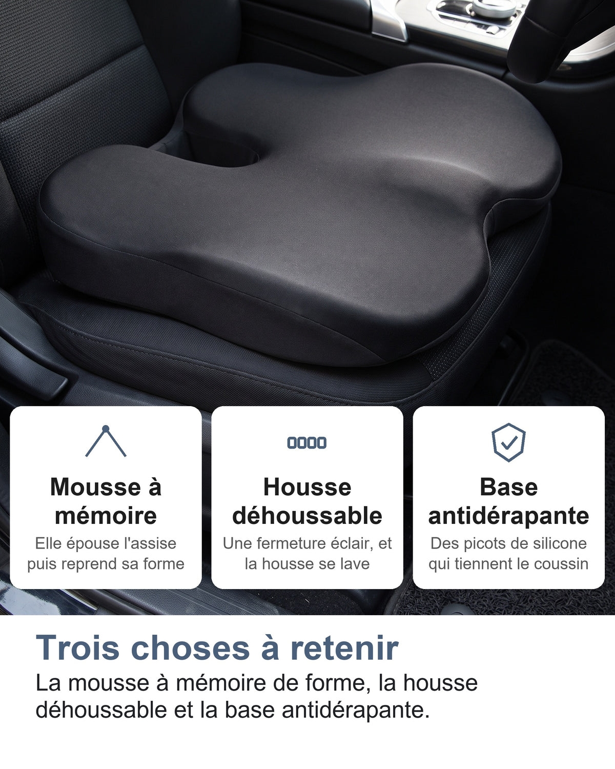 Trois choses à retenir La mousse à mémoire de forme, la housse déhoussable et la base antidérapante.