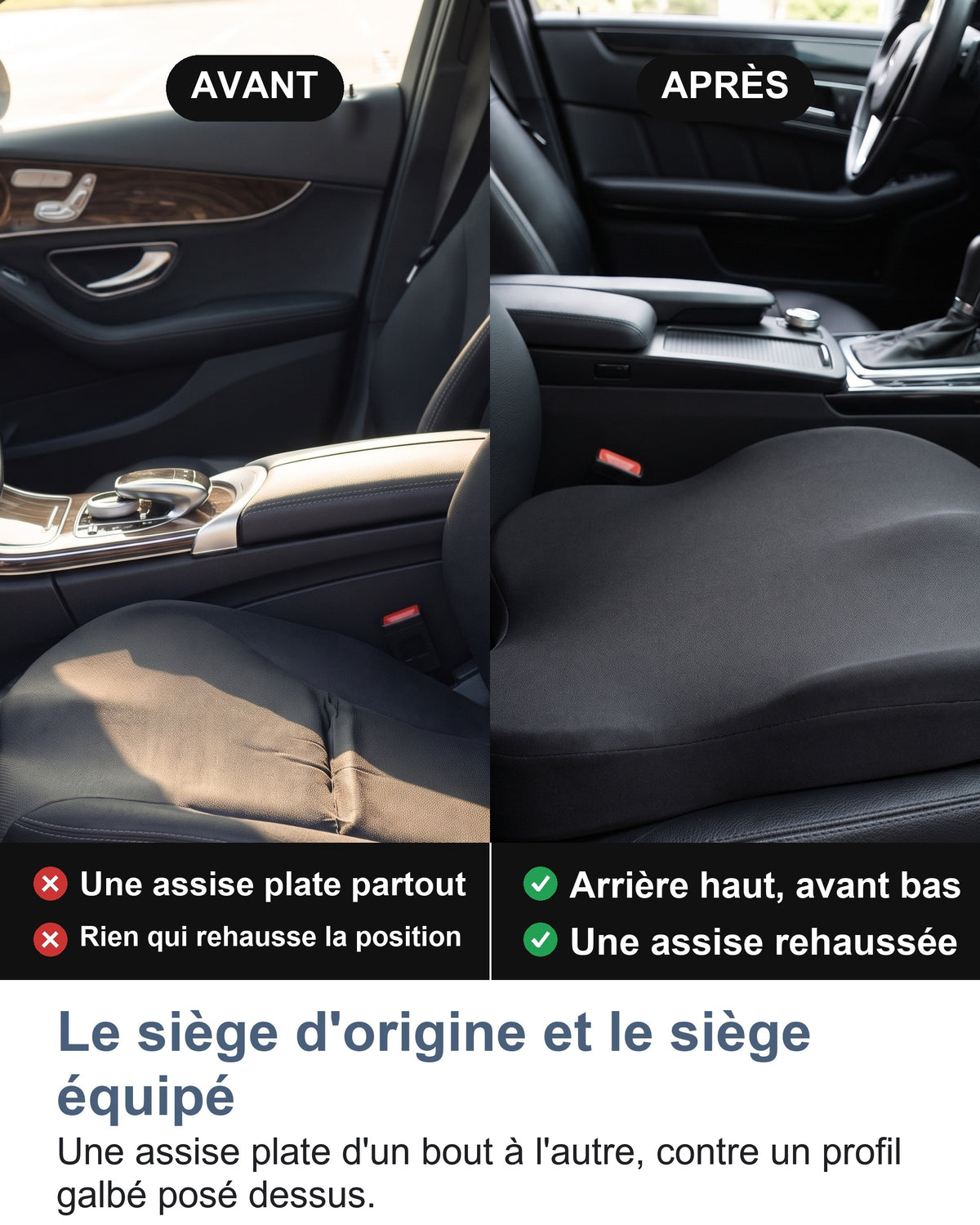 Le siège d'origine et le siège équipé Une assise plate d'un bout à l'autre, contre un profil galbé posé dessus.