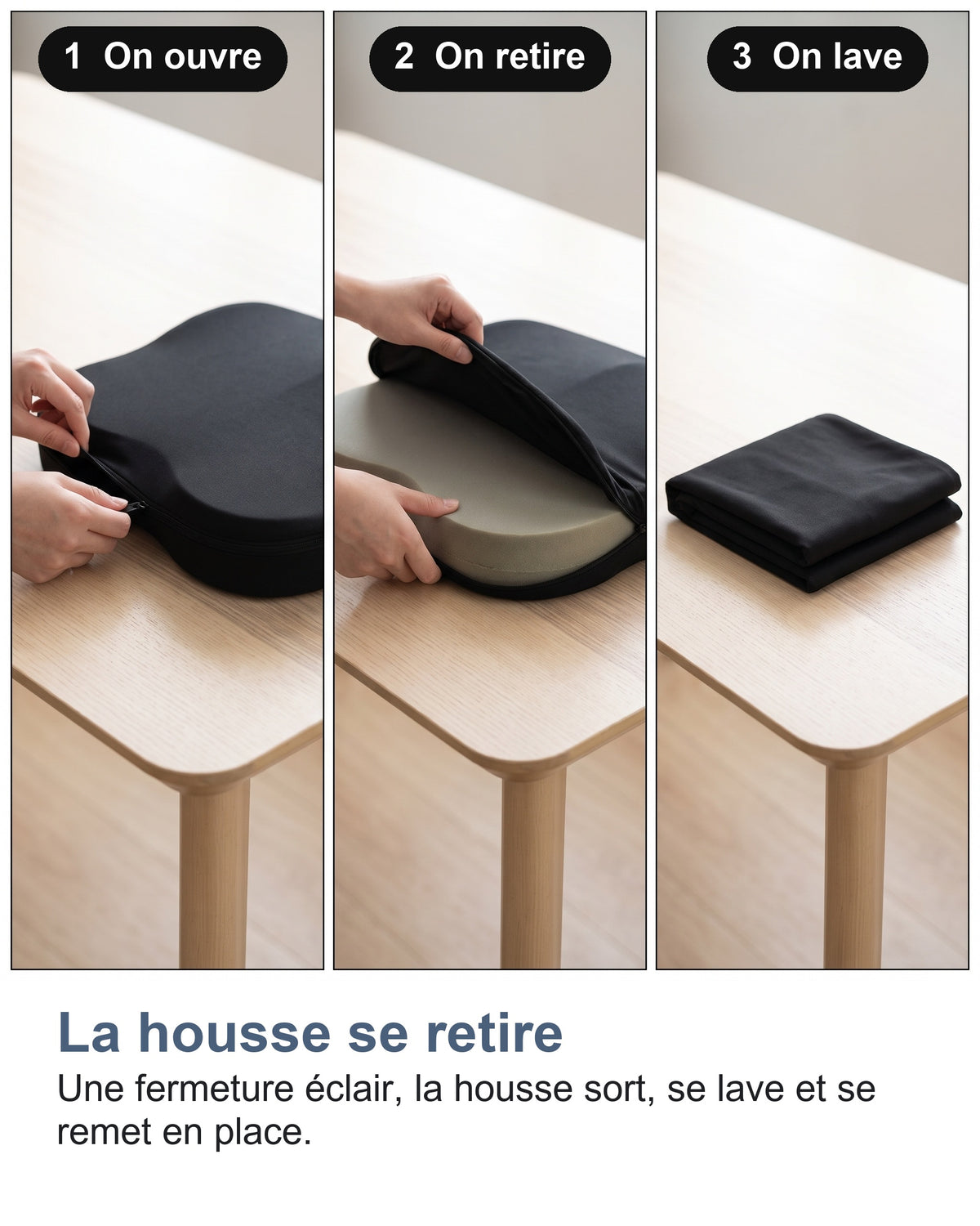 La housse se retire Une fermeture éclair, la housse sort, se lave et se remet en place.