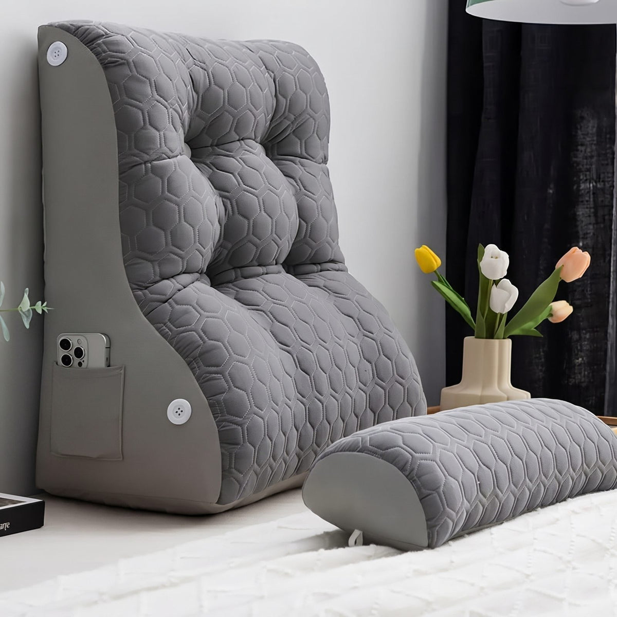 Coussin de lecture pour lit, dossier triangulaire, coloris gris