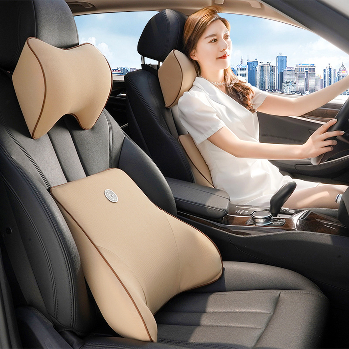 Set coussin lombaire et appui-tête voiture mémoire de forme, coloris beige